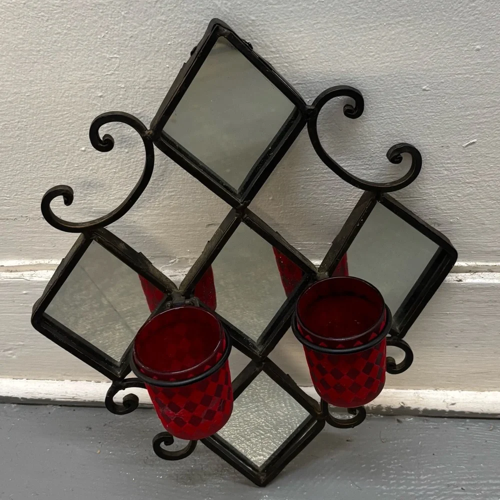 Vintage Black Metal Diamond Shaped Mirrored Wall Sconce with 4 Candle Votives